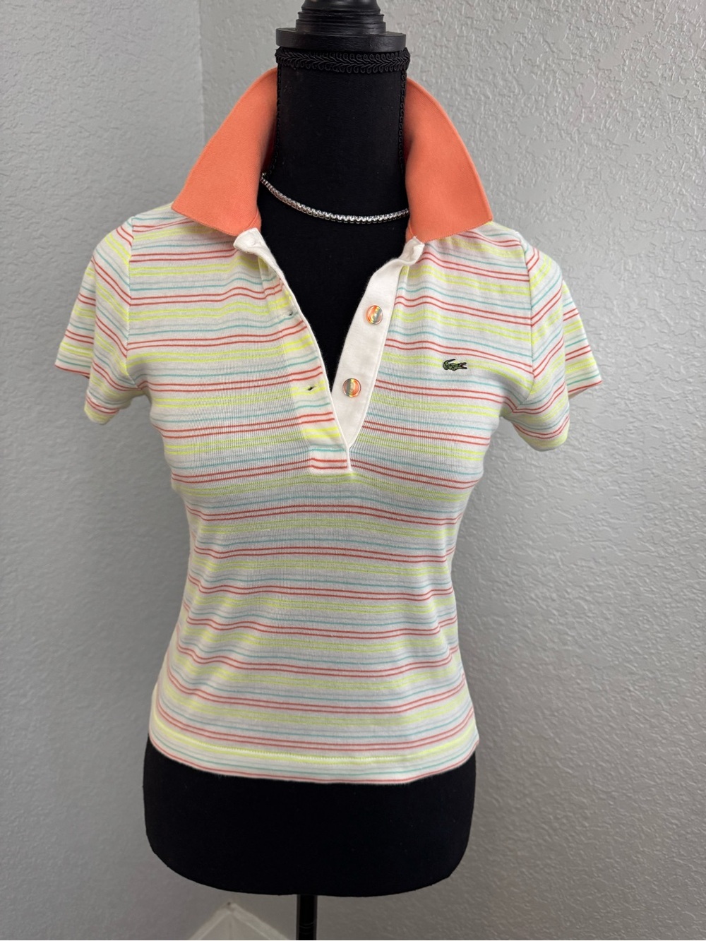 Lacoste Women's Striped Button-Down Polo in Coral Accent